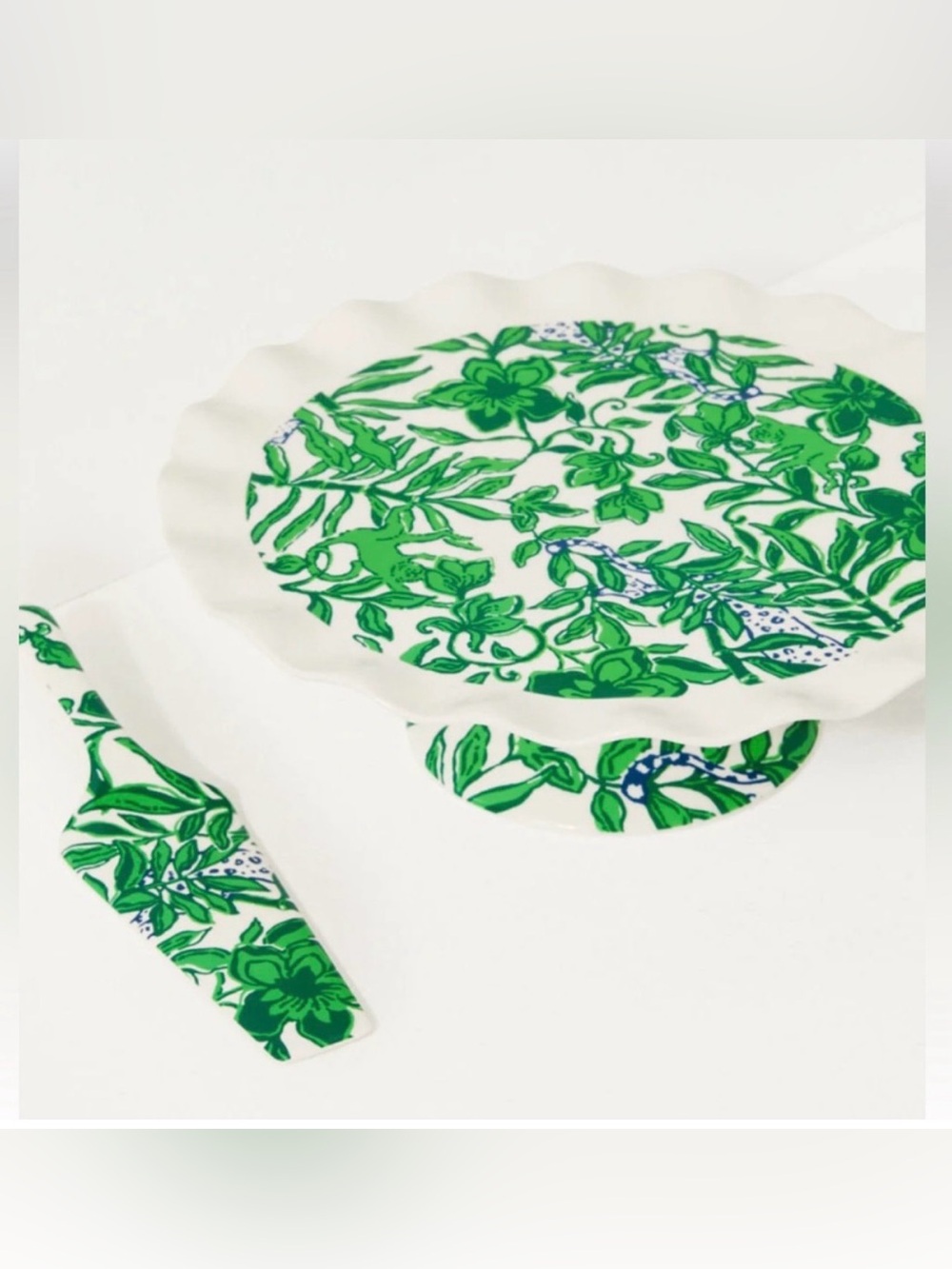 Lilly Pulitzer Green Floral Scalloped Cake Stand and Server Set